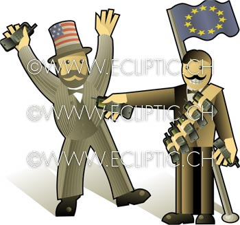 Handy war europe USA North america standards flag celphones hands up winner looser