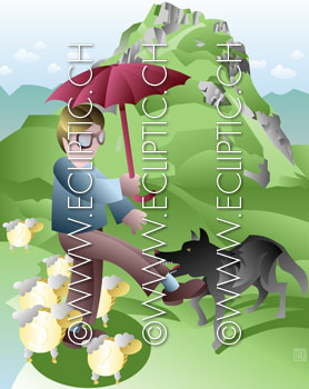 Wolf and sheep money shepherd lambkin guarding watching over tend mountain countryside alps meadow drawing vector illustration stock 