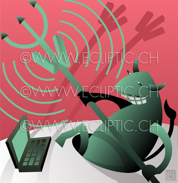 WLan devil radio network intruder security hacker station sender antenna notebook mobil vector drawing stock illustration