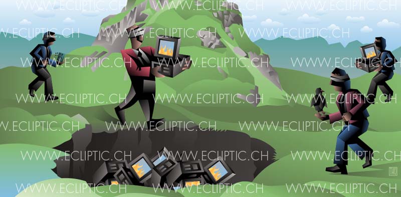 Server protection strategy firewall blind measures poor fault incomplete protecting Linux Windows mountain walking people security computer administrators save defending guarding royalty free vector stock illustration 
