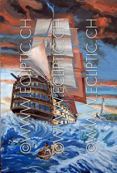 Big sailing ship flaggship boat galley galeone flag lighthouse sea wave billow storm evening sky escaping