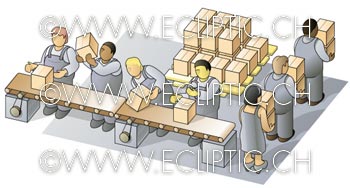 Workers assembly line in factory Boxes inspection picking up looking under them assembling carrying