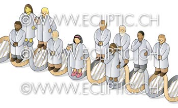 scientists standing on a dna double helix nature research researchers doctors professors