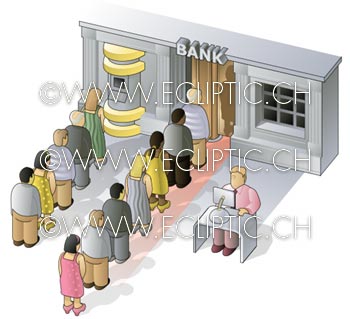 Waiting line to bank building finances electronic banking computer web internet access account