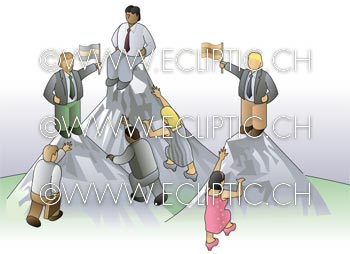 Mountaineers business people mounting reaching top workers team group destiny climbing employees hissing flags