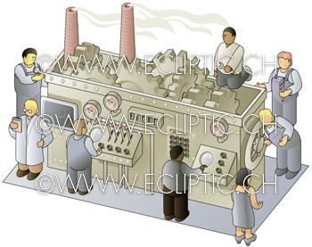Large big machine factory people employees workers adjusting supporting repairing gear wheels controls displays engine panels smokestacks dials fixing wrenches checking