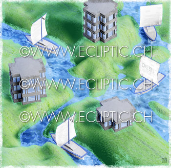 Sailing-ships river stream flowing downstream office buildings vector drawing stock illustration
