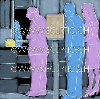 Waiting line bank post-office people please wait input device ID identification smartcard creditcard CRM customer relationship management card reader ASP webservices toys tools applications hosted services Royalty free stock illustration