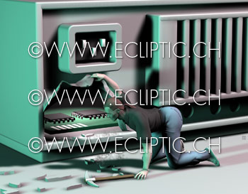 PC personal computer intruder chips opening case box intrusion detection security check hacker ethical hacking attack anti virus IDS vulnerability-scans penetration 3D rendering vector drawing stock illustration