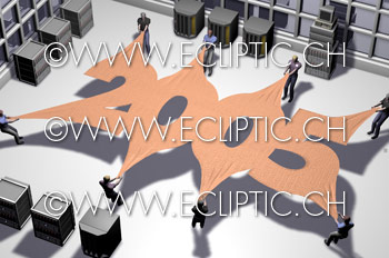 2005 network prognosis forecast look into future server room business people pulling flexibility 3D rendering vector drawing stock illustration