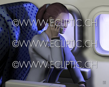 calling using handy mobile cellular cell phone call telephone in airplane woman sitting chair window air born airborn flying 3D rendering vector drawing stock illustration