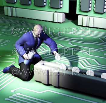 infected PC computer virus infection motherboard business man pills defense precautions sandboxing prevention security virus trojans rootkits hacker 3D rendering vector drawing stock illustration